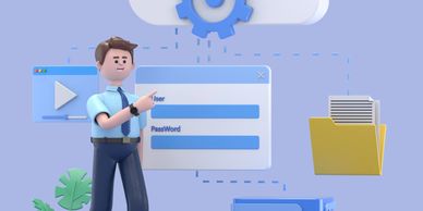 3D illustration of a man managing cloud storage and server data.