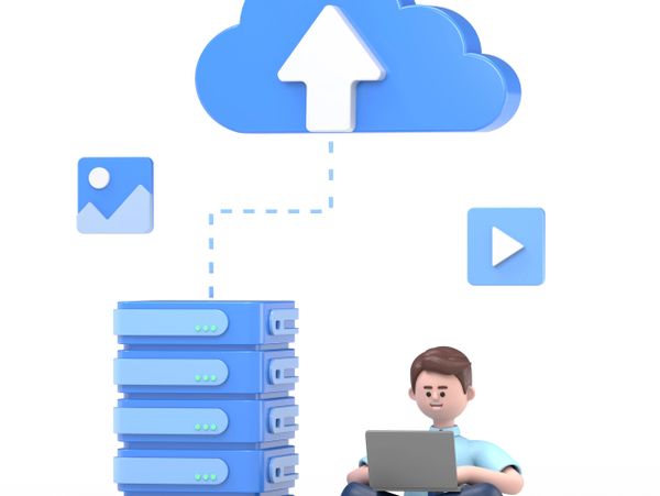 3D illustration of a man uploading data to cloud storage.