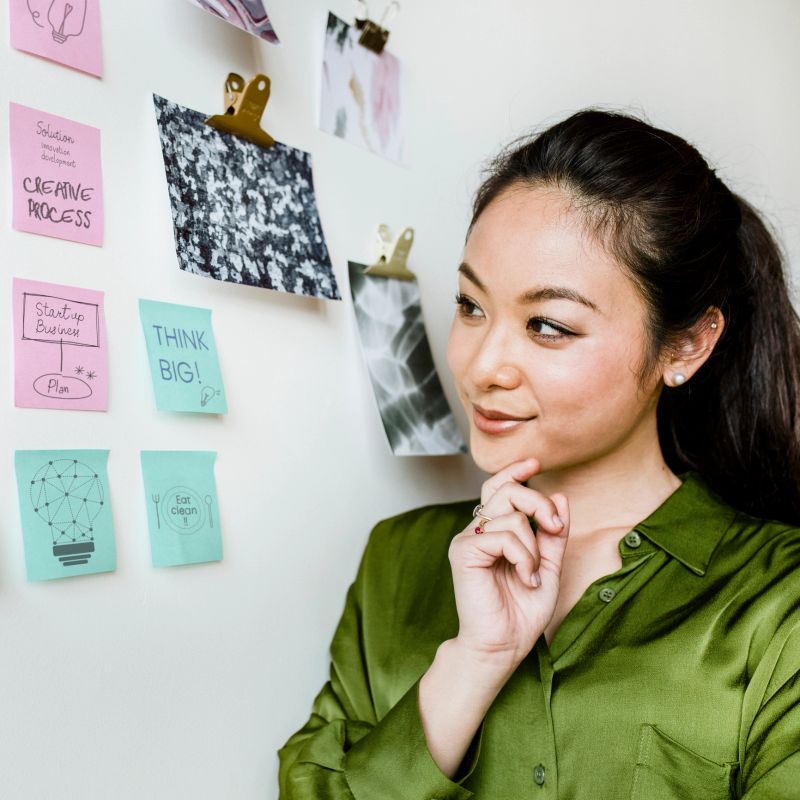 Businesswoman brainstorming ideas on a wall
