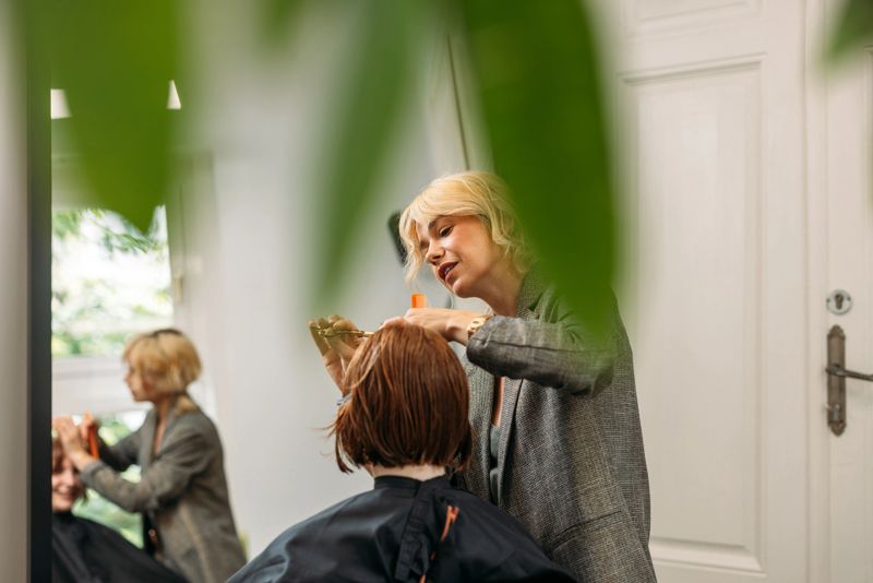 Pretty blonde hairdresser standing and using a pair of scissors on a woman's red hair as seen through the foliage of a house plant inside the salon.