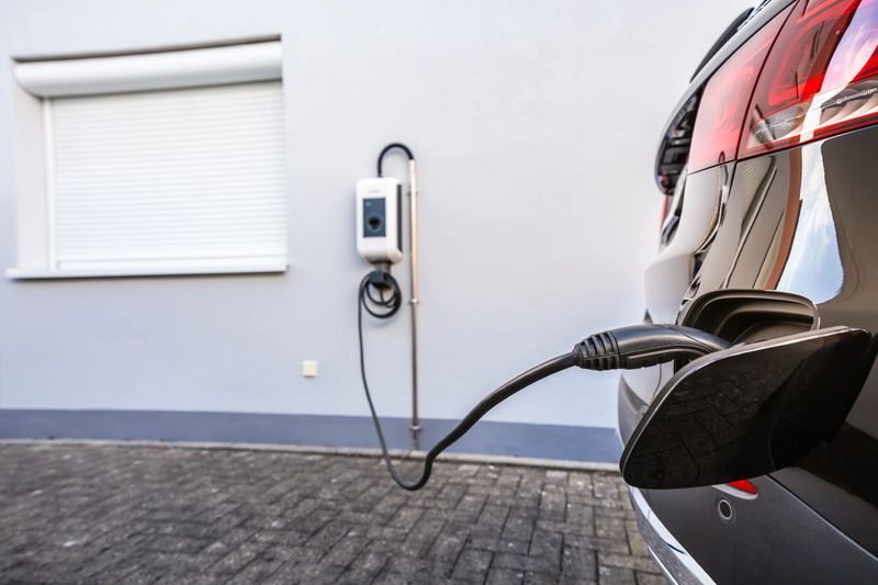 Generic electric vehicle EV hybrid car is being charged from a wallbox on a contemporary modern residential building house