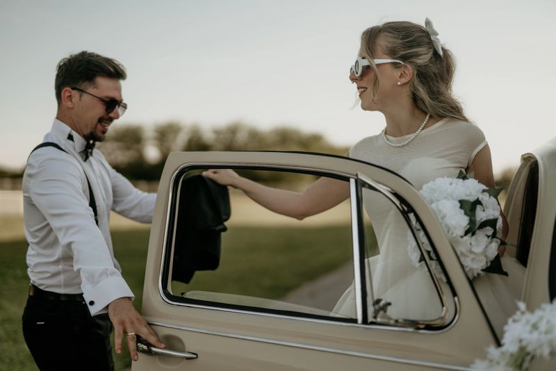 Pre-wedding shoot of a bride and groom  with old timer car