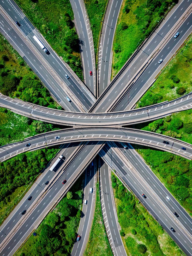 Aerial shot of Almondsbury Roundabout at Junction 16, M5 and M4 motorway near Bristol, UK