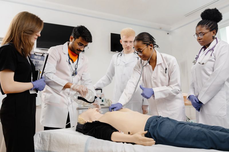 Medical students practice CPR on a dummy. They wear white coats, gloves; one uses a bag valve mask, another listens with a stethoscope.