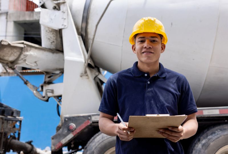 Latin American construction worker supervising the delivery of cement in a truck and looking at the camera