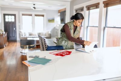 Woman working on documents in a bright kitchen.
