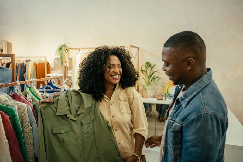 Woman showing clothes to her husband in store