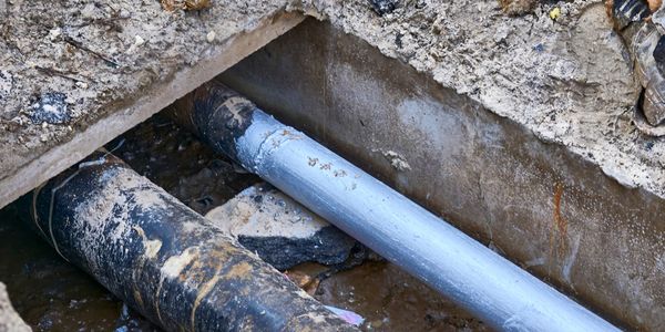 Two underground pipes, one old and dirty, one newly installed and shiny.