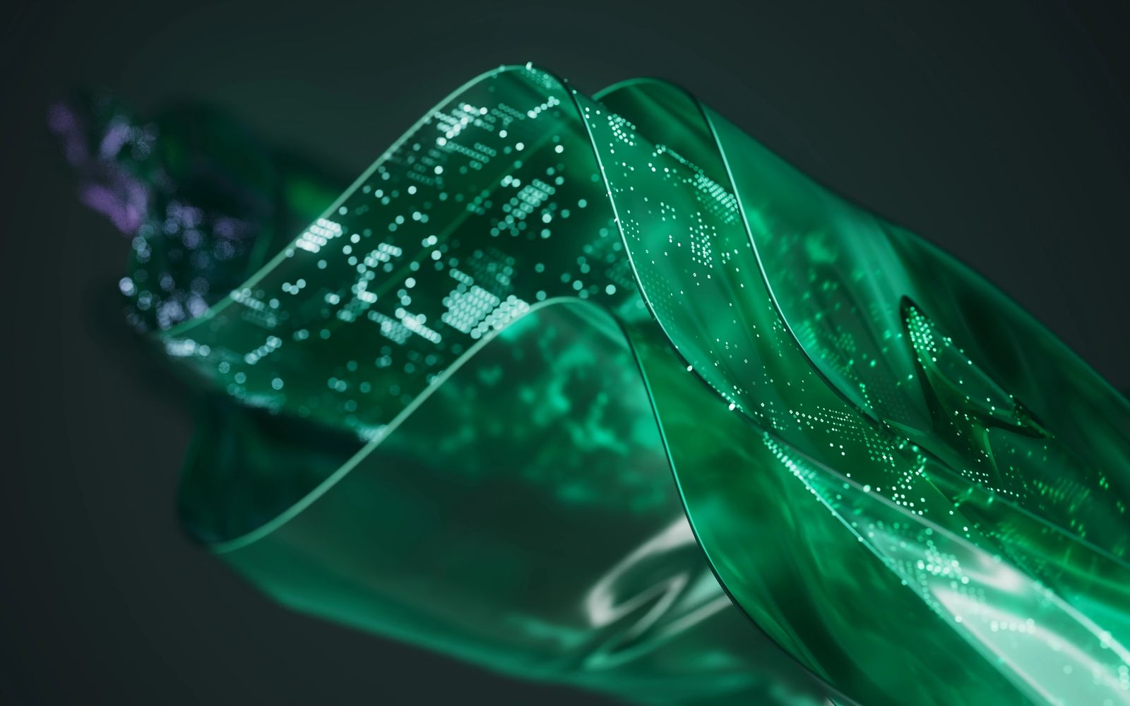 Green translucent wave with digital circuit patterns glowing.