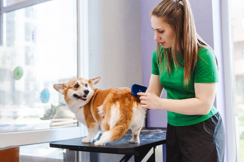 Professional woman pet groomer combing Welsh Corgi dog fur with brush after washing in beautician salon. Grooming concept