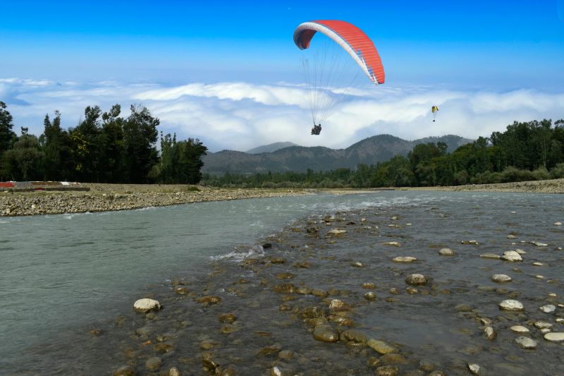 Beautiful view in the month of June Pahalgam Kashmir India.Paragliding over the hills of Kashmir.