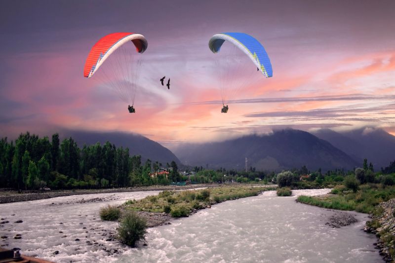 Beautiful view in the month of June Pahalgam Kashmir India.Paragliding over the hills of Kashmir.