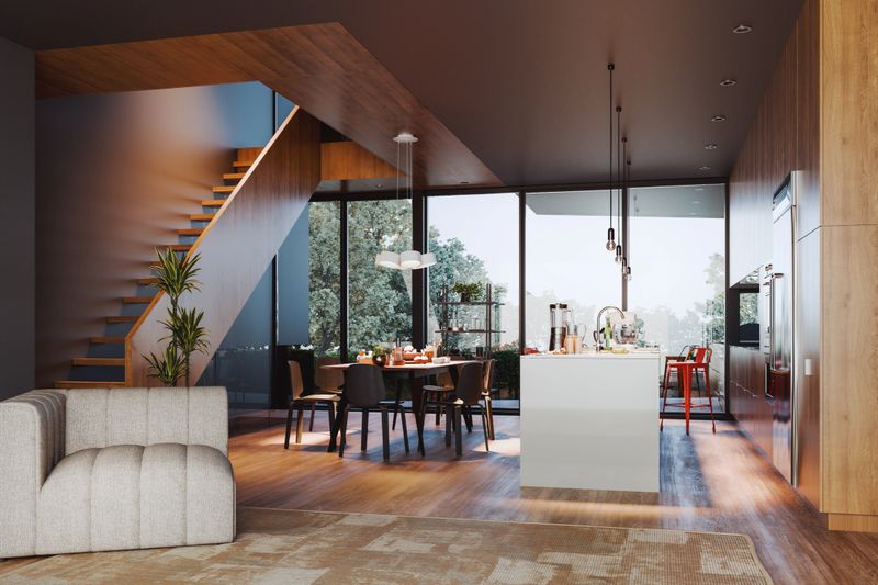 Modern open space kitchen with dining and living room. 3D generated image.