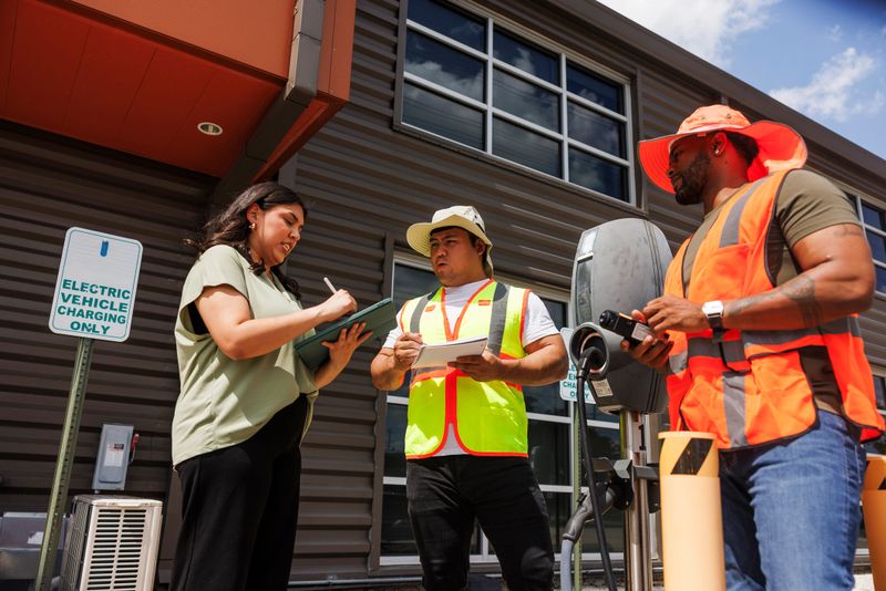 Three engineers, two men and one woman, stand discussing at an electric vehicle charging station. The woman, holding documents, converses with one man holding a clipboard while the other checks data on a digital tablet. All are dressed in safety vests and helmets, symbolizing a professional inspection of urban transportation infrastructure. This scene, set on a sunny day beside a modern building, emphasizes teamwork and the technical inspection of renewable energy sources.