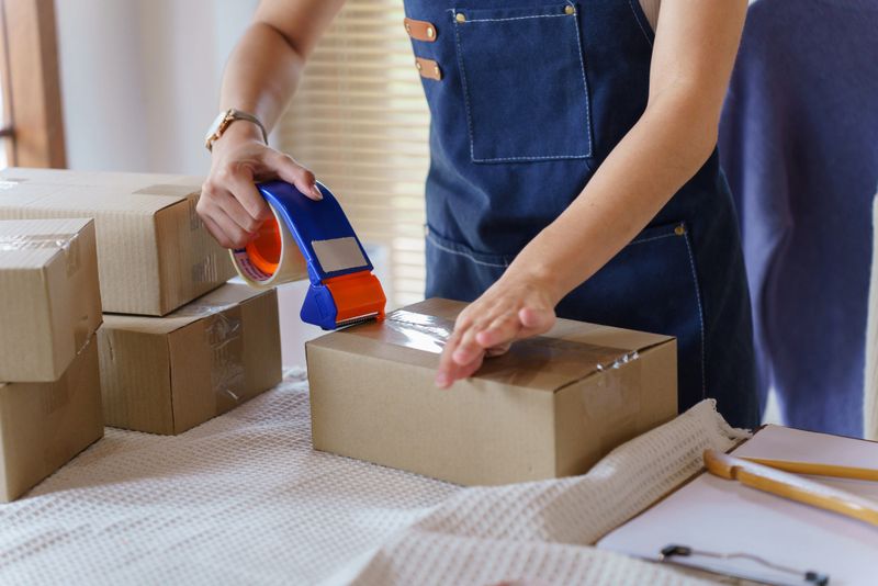 Young asian online merchant women packing clothes in box and sealing parcel box with tape to preparing delivery for customer while working about business shopping online and shipping delivery product.