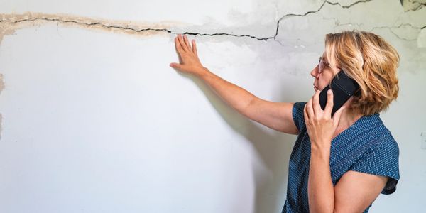 Woman inspecting a large crack on a wall while talking on the phone.