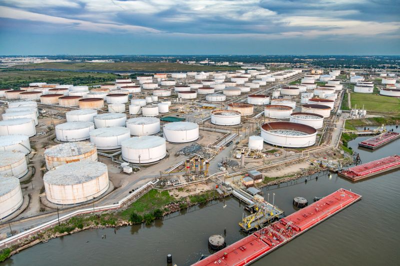 A large array of fuel storage tanks along the Ship Channel about 4 miles east of downtown Houston, Texas shot via helicopter from an altitude of about 350 feet.