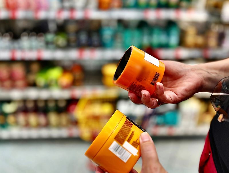 A woman holds jars of cream in her hands, chooses face and body care products in the supermarket in the summer. High quality photo