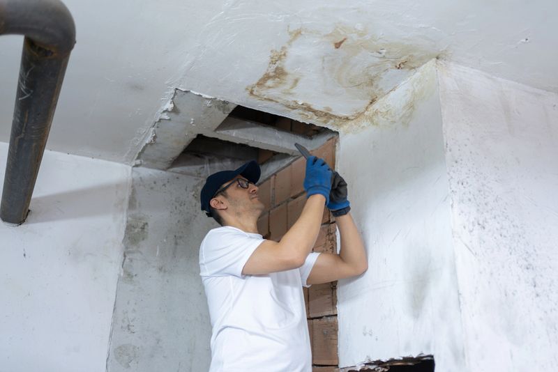 Insurance Adjuster Taking Photo Of Damaged Building Wall