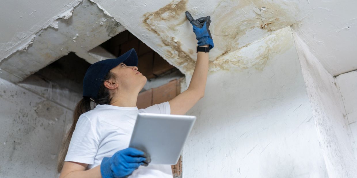Woman inspects water damage on ceiling with tablet in hand.