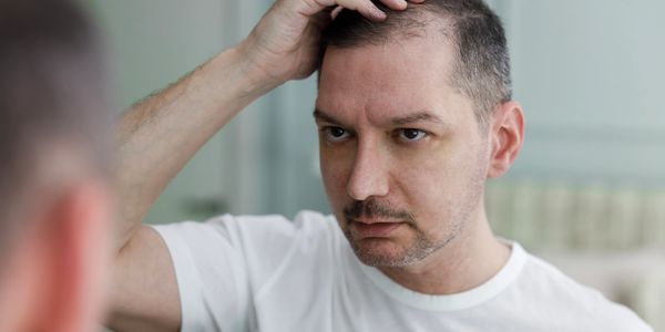 Man examining thinning hair in the mirror, concerned about hair loss.