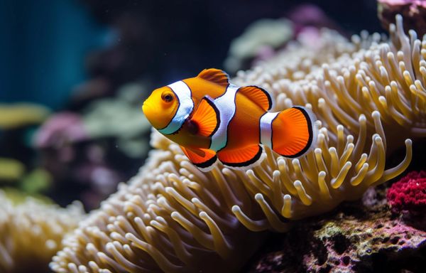 A vibrant clownfish swims near anemone tentacles in a colorful coral reef.