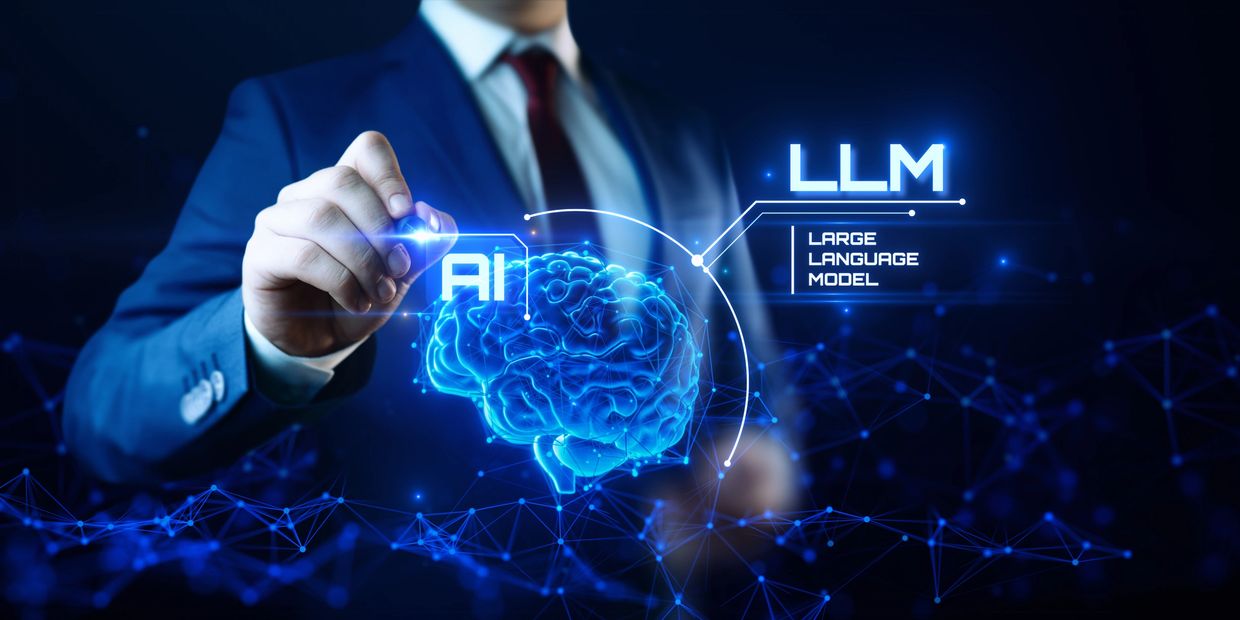 Acronym LLM with Large Language Model below it. A lighted pen points to AI and an image of a brain.