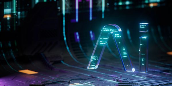 Futuristic digital interface with floating data streams and glowing elements.