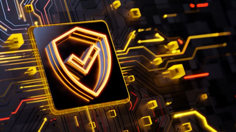 Security solutions concept. Glowing shield with arrow sign on the abstract main cpu on circuit board with light trails as data streaming symbol