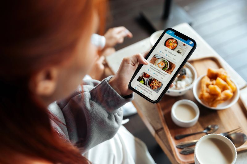 Close-up of a person using a food delivery app on a smartphone, with a traditional Asian breakfast on a wooden tray in the background.