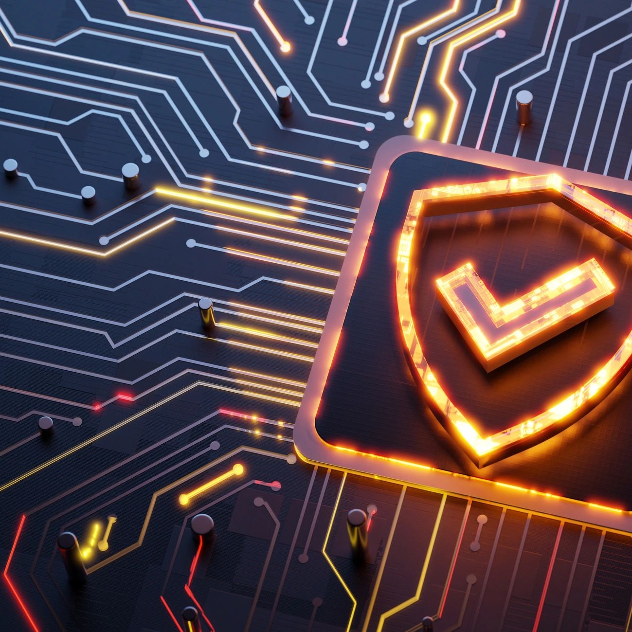 Glowing shield with checkmark on circuit board symbolizing cybersecurity.