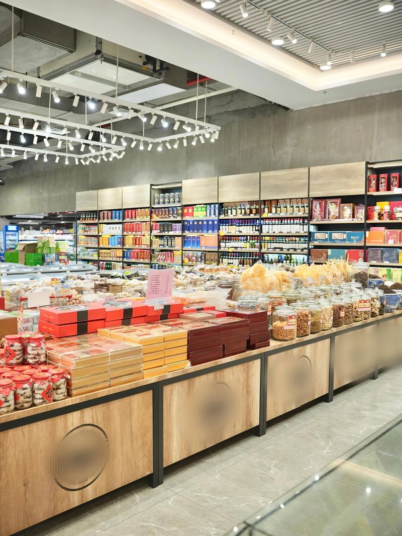 This image showcases a spacious and well-lit supermarket interior with an array of neatly organized products. The foreground features a glass display case, possibly containing bakery items or deli selections, leading the eye towards the wooden shelving units filled with various packaged goods. The ceiling is equipped with contemporary lighting fixtures that illuminate the space, enhancing the visibility of products and creating a welcoming shopping environment. The store’s layout is designed for easy navigation, inviting customers to explore its diverse offerings.