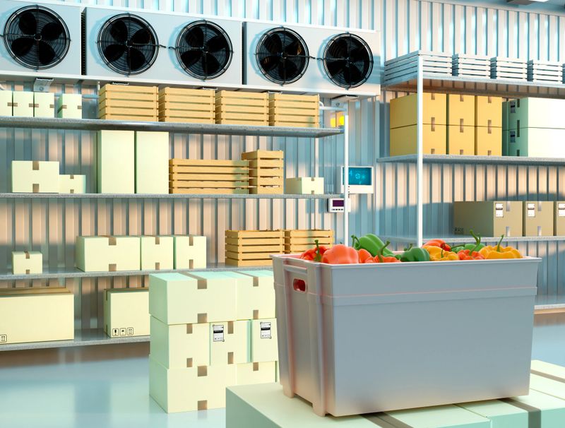 Refrigeration chamber for food storage. The vegetables are in a cold warehouse.  The restaurant's food warehouse..3d image