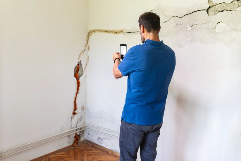 Mature man looking at a wall damaged after the earthquake. He using smart phone for communication and for photography. Damage assessment and consultation