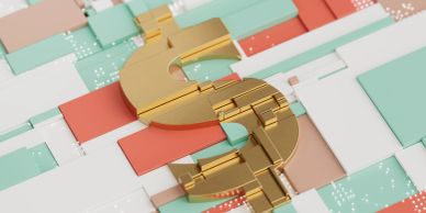 Golden dollar sign on colorful geometric background.