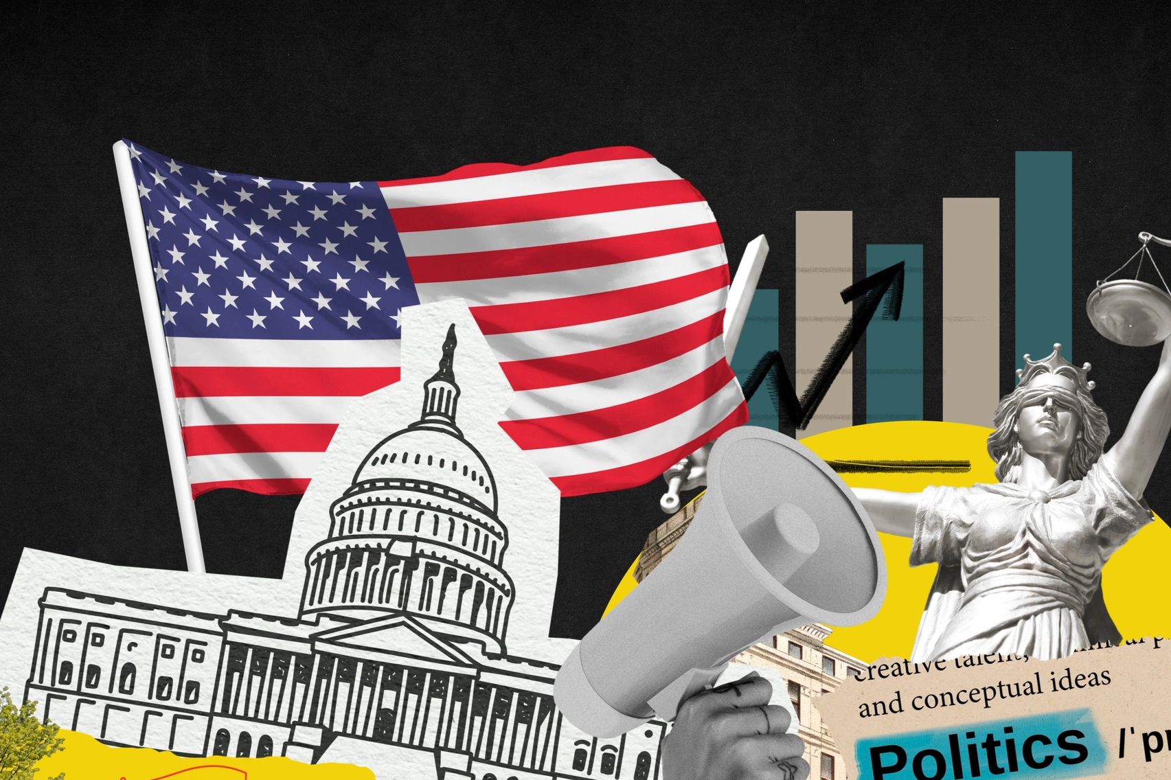 Collage featuring U.S. flag, Capitol, and justice statue.