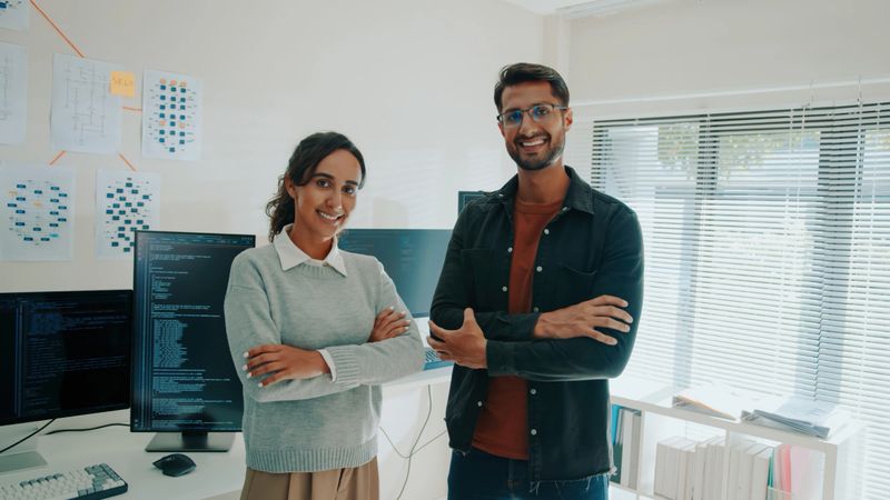 Two confident programmers standing with arms crossed, smiling in a modern office. Monitors displaying code and diagrams are visible in the background.