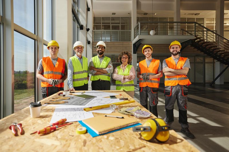 Happy manual workers and their project managers standing at construction site with their arms crossed and looking at camera.
