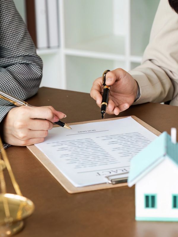 Two professionals reviewing and signing a contract with a small house model and scales on the table.