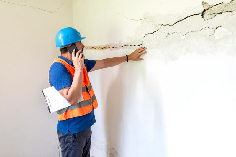 Construction engineer assesses the degree of damage to the house. He using smart phone for communication and for photography. Damage assessment and consultation