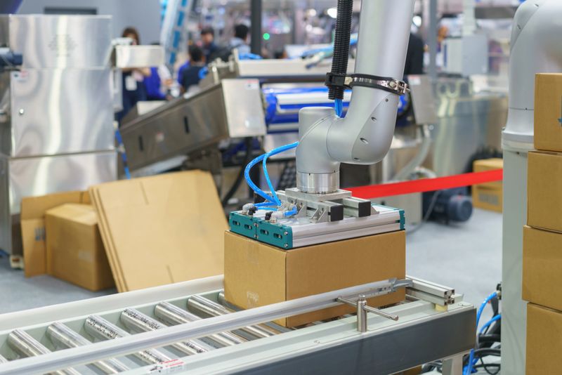 automated robotic arm in an industrial setting, specifically designed for packaging operations