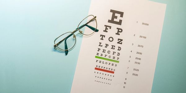 Eyeglasses on an eye chart for vision test.