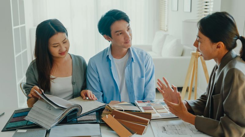 Asian tenants choose colors, patterns, and materials and give them to female interior designer for new house. Happy couple buy real estate for investment concept.