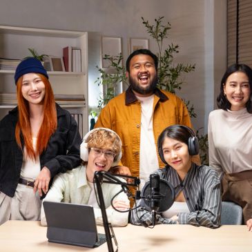 Group of friends podcasting together.