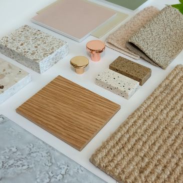 A collection of materials and textures for interior design in neutral tones.