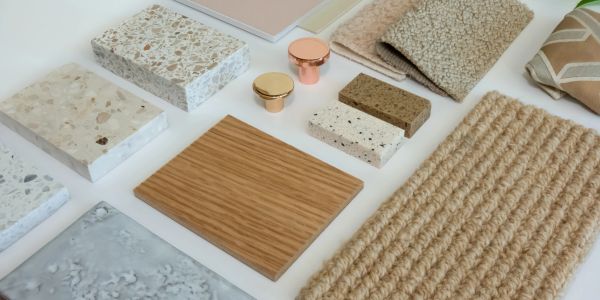 Various fabric and tile samples arranged on a white surface.