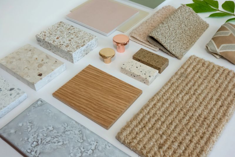A well-organized sample board featuring a diverse selection of materials for an eclectic interior design concept. The board includes various fabric swatches in neutral tones, natural oak wood, multiple terrazzo tiles, glossy ceramic tiles, and painted color samples in earthy and pastel shades. Additionally, two polished golden cabinet knobs and a green leaf accentuate the natural and sophisticated theme. This composition highlights the harmonious blend of textures and colors, ideal for illustrating eclectic, bohemian, or contemporary interior design projects