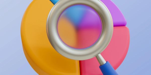 3D pie chart with four colorful segments and a magnifying glass.