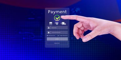 Image of a payment app with a finger hovering above the 'check' button