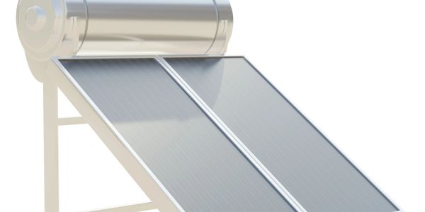 Solar water heater with flat panels and storage tank.